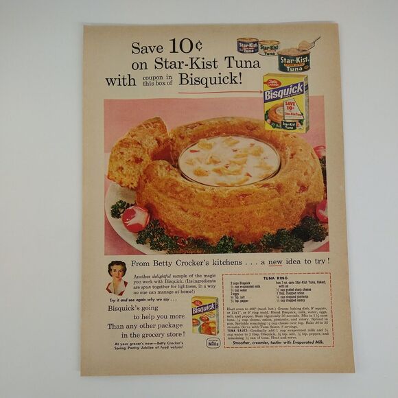 1958 Star-Kist Tuna Ad Bisquick Ring Recipe Betty Crocker MCM Print Ad Ephemera - Picture 1 of 9